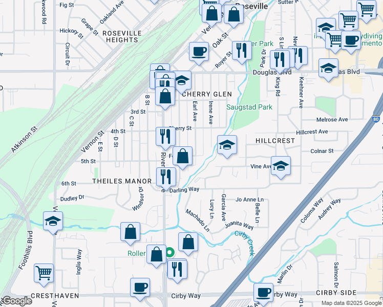map of restaurants, bars, coffee shops, grocery stores, and more near 332 Earl Avenue in Roseville