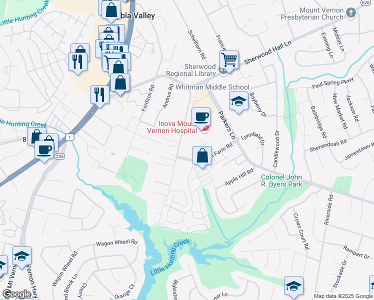 map of restaurants, bars, coffee shops, grocery stores, and more near 8033 Holland Road in Alexandria
