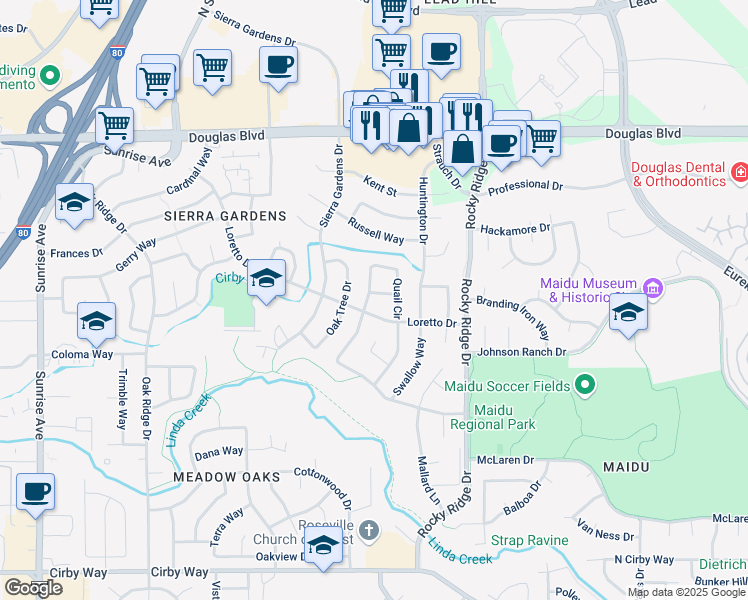 map of restaurants, bars, coffee shops, grocery stores, and more near 1727 Quail Circle in Roseville