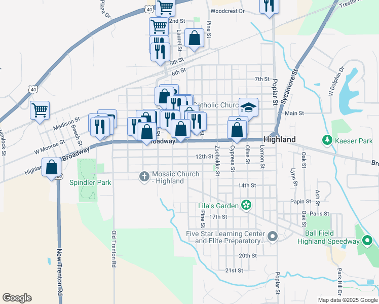 map of restaurants, bars, coffee shops, grocery stores, and more near 920 Broadway in Highland