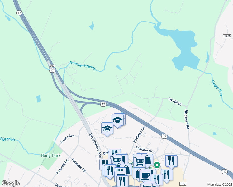 map of restaurants, bars, coffee shops, grocery stores, and more near 7126 Ivy Hill Drive in Warrenton
