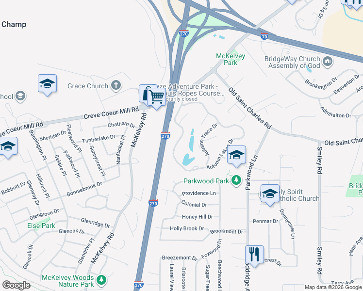 map of restaurants, bars, coffee shops, grocery stores, and more near 12126 Autumn Lakes Drive in Maryland Heights