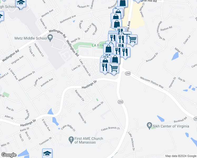 map of restaurants, bars, coffee shops, grocery stores, and more near 10277 Hastings Drive in Manassas