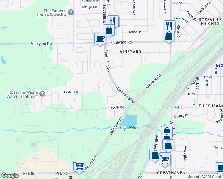 map of restaurants, bars, coffee shops, grocery stores, and more near 2163 Beatty Way in Roseville