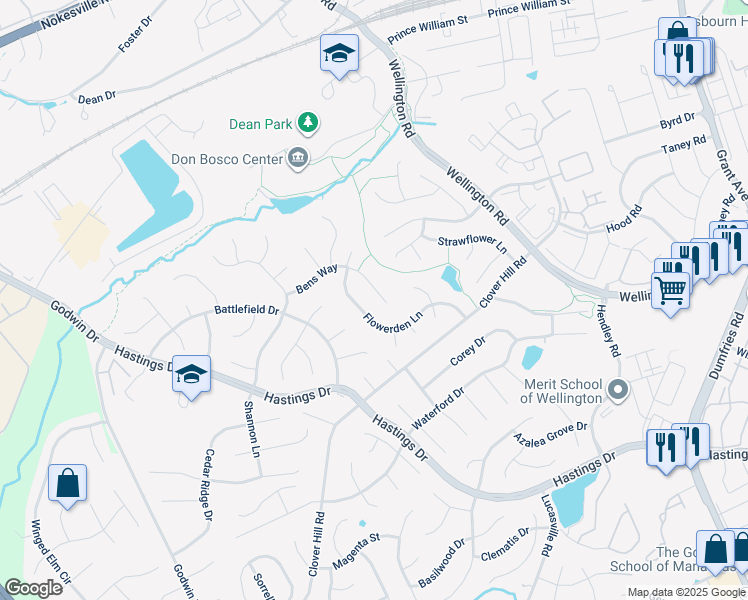 map of restaurants, bars, coffee shops, grocery stores, and more near 10196 Bens Way in Manassas