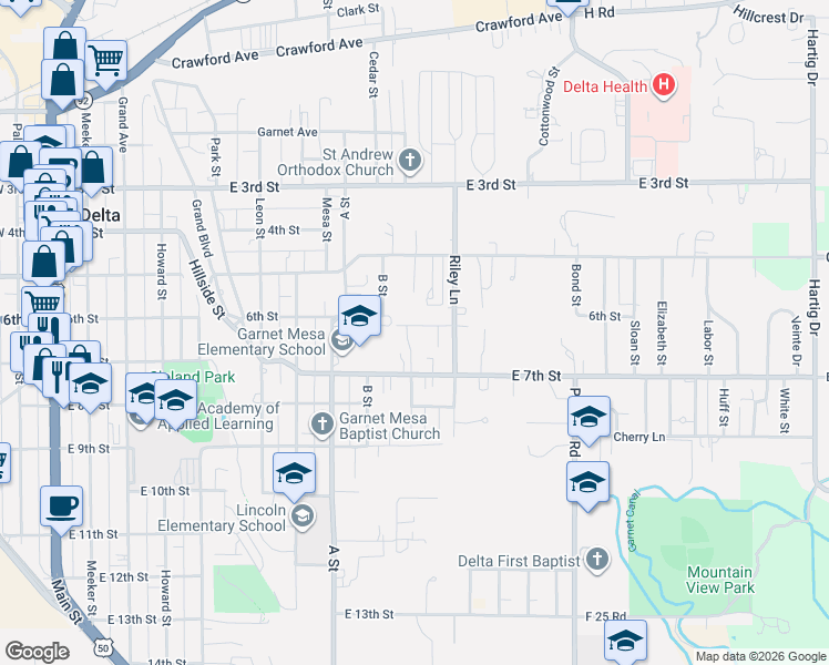 map of restaurants, bars, coffee shops, grocery stores, and more near 935 East 7th Street in Delta