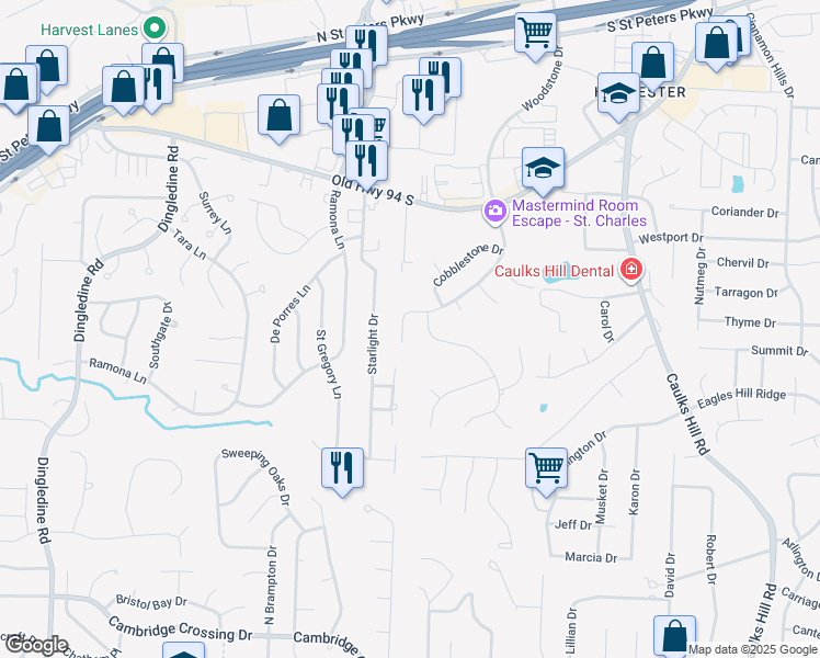 map of restaurants, bars, coffee shops, grocery stores, and more near 1318 Woodstone Drive in Saint Charles