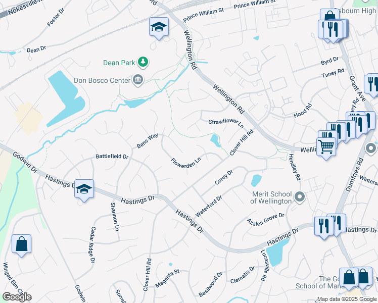 map of restaurants, bars, coffee shops, grocery stores, and more near 10185 Bens Way in Manassas