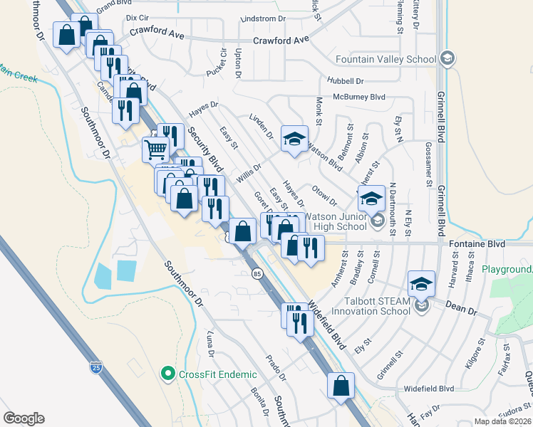 map of restaurants, bars, coffee shops, grocery stores, and more near 58 Goret Drive in Colorado Springs