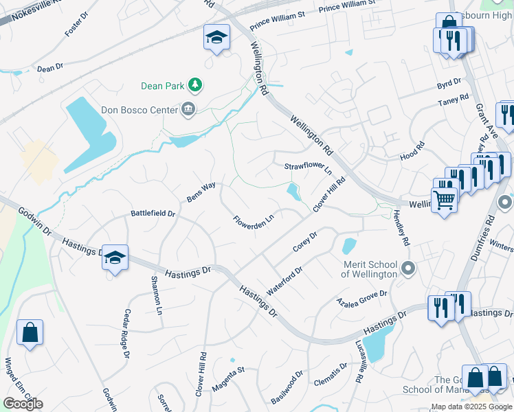 map of restaurants, bars, coffee shops, grocery stores, and more near 10185 Bens Way in Manassas