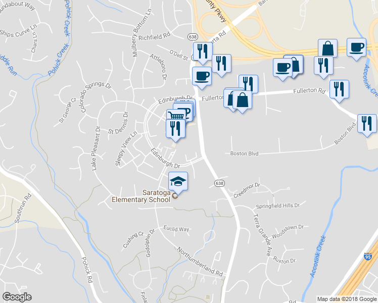 map of restaurants, bars, coffee shops, grocery stores, and more near 8091 Barcarole Court in Springfield