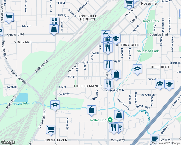 map of restaurants, bars, coffee shops, grocery stores, and more near 319 C Street in Roseville