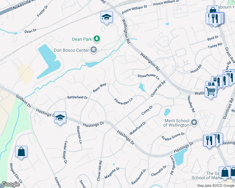 map of restaurants, bars, coffee shops, grocery stores, and more near 10196 Bens Way in Manassas
