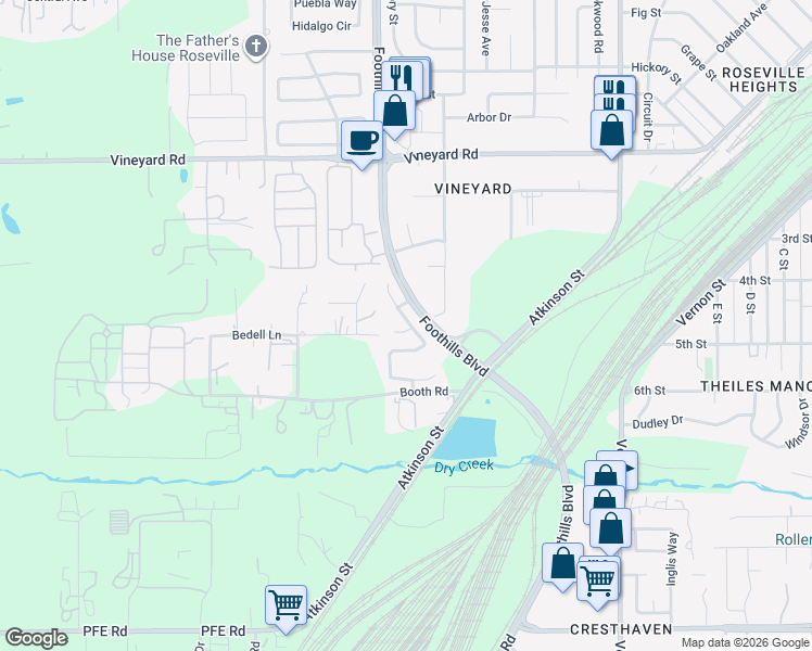 map of restaurants, bars, coffee shops, grocery stores, and more near 2172 Beatty Way in Roseville