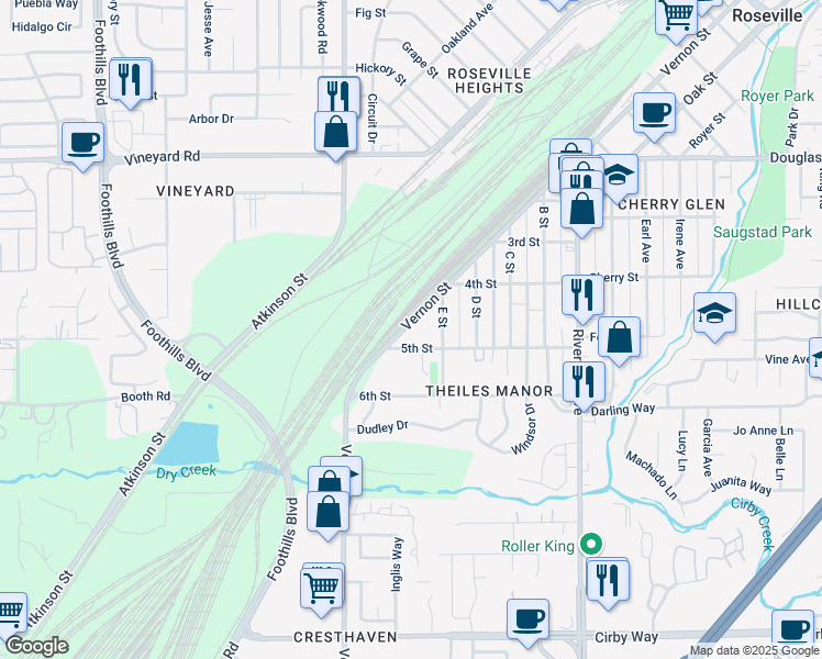 map of restaurants, bars, coffee shops, grocery stores, and more near 1427 Vernon Street in Roseville