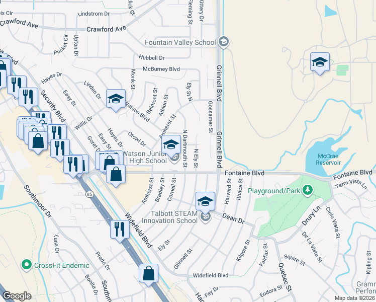 map of restaurants, bars, coffee shops, grocery stores, and more near 16 North Ely Street in Colorado Springs