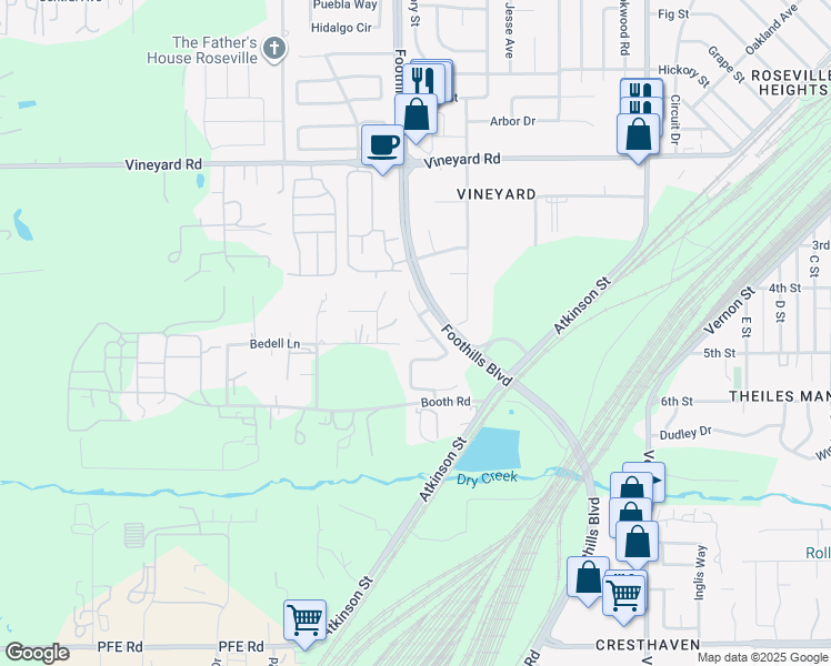 map of restaurants, bars, coffee shops, grocery stores, and more near 2172 Beatty Way in Roseville