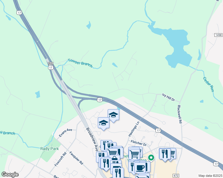 map of restaurants, bars, coffee shops, grocery stores, and more near 7126 Ivy Hill Drive in Warrenton