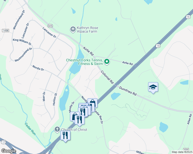 map of restaurants, bars, coffee shops, grocery stores, and more near 7198 Mosby Drive in Warrenton