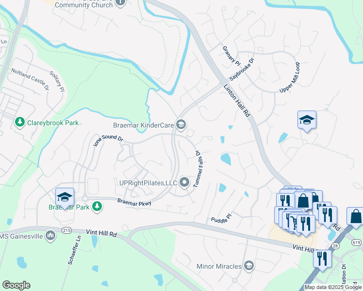 map of restaurants, bars, coffee shops, grocery stores, and more near 10029 Spindle Foot Court in Bristow