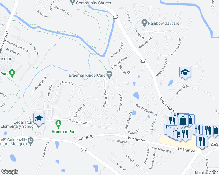 map of restaurants, bars, coffee shops, grocery stores, and more near 10029 Spindle Foot Court in Bristow