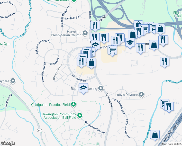 map of restaurants, bars, coffee shops, grocery stores, and more near 8058 Dulciana Court in Springfield
