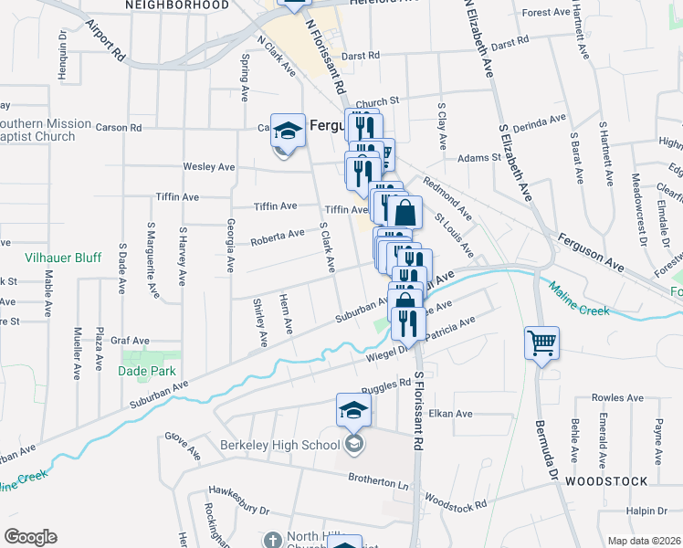 map of restaurants, bars, coffee shops, grocery stores, and more near 321 South Clark Avenue in Ferguson
