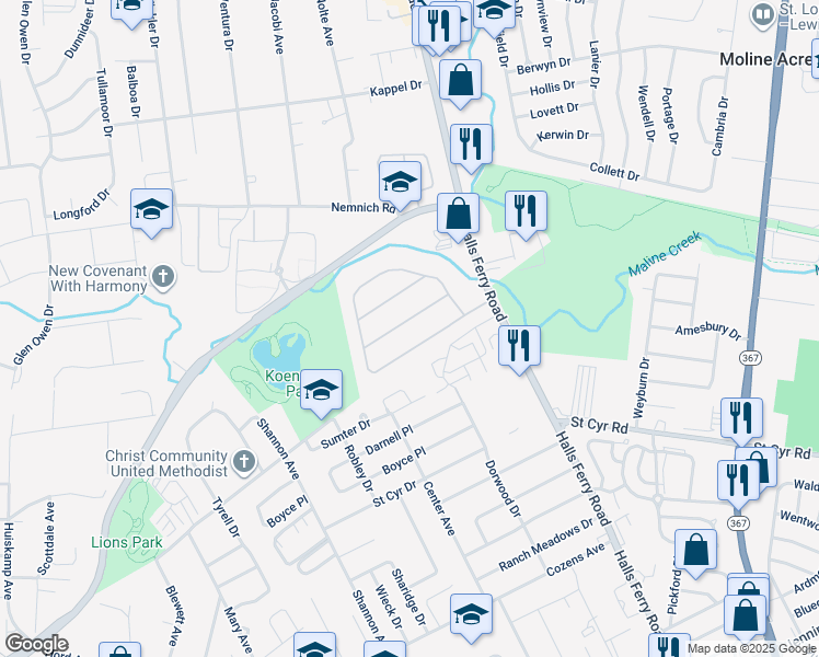 map of restaurants, bars, coffee shops, grocery stores, and more near 2023 Wilbert Drive in St. Louis