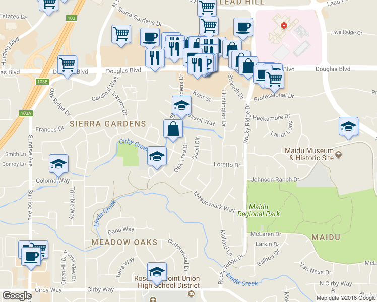 map of restaurants, bars, coffee shops, grocery stores, and more near 1602 Oak Tree Drive in Roseville