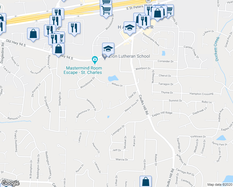 map of restaurants, bars, coffee shops, grocery stores, and more near 1 Katie Brook Court in Saint Charles