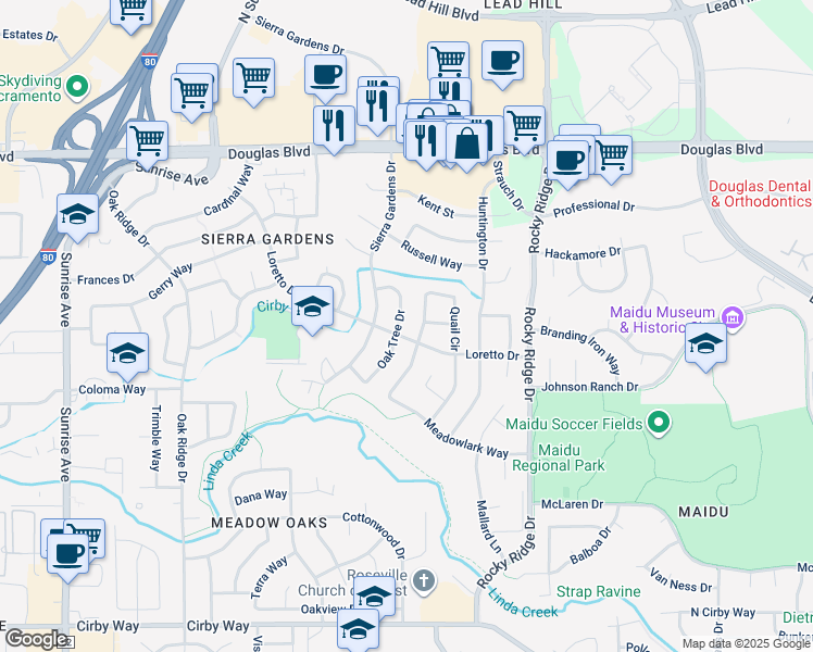 map of restaurants, bars, coffee shops, grocery stores, and more near 1602 Oak Tree Drive in Roseville