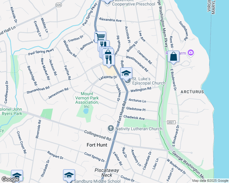 map of restaurants, bars, coffee shops, grocery stores, and more near 8041 Wellington Road in Alexandria
