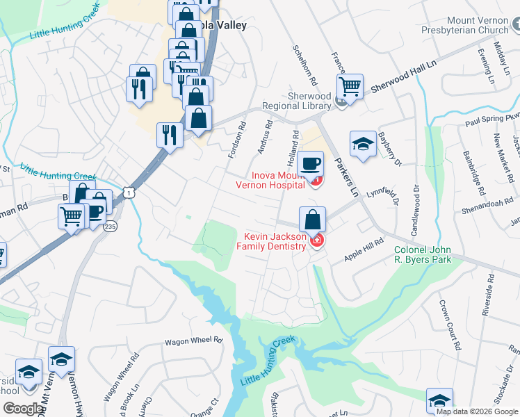 map of restaurants, bars, coffee shops, grocery stores, and more near 8034 Holland Road in Alexandria