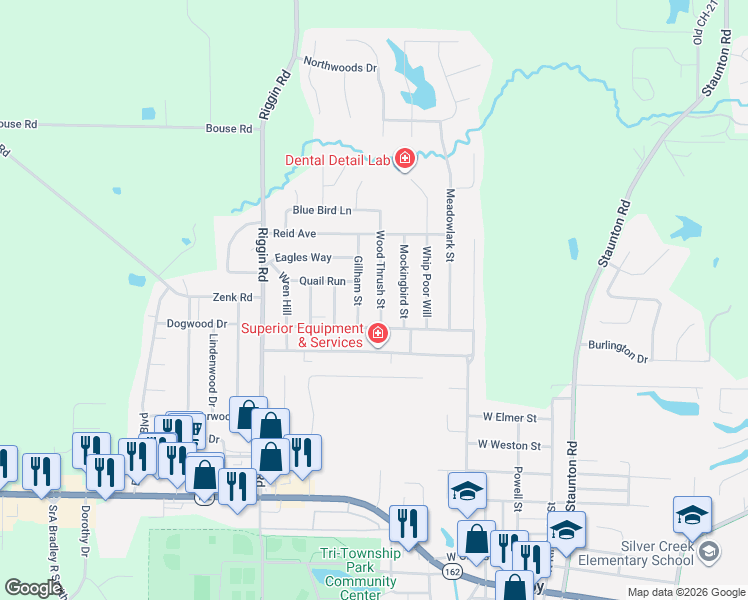map of restaurants, bars, coffee shops, grocery stores, and more near 521 Wood Thrush Street in Troy