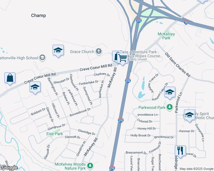map of restaurants, bars, coffee shops, grocery stores, and more near 12171 McKelvey Road in Maryland Heights