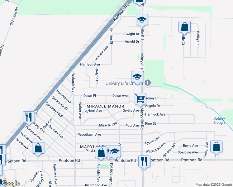 map of restaurants, bars, coffee shops, grocery stores, and more near 2213 Dawn Place in Granite City