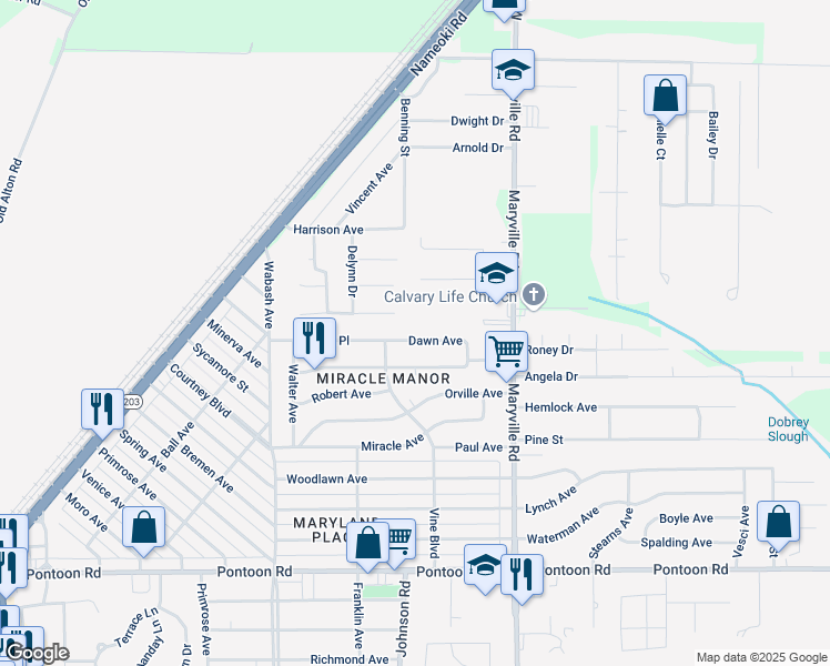 map of restaurants, bars, coffee shops, grocery stores, and more near 2213 Dawn Place in Granite City