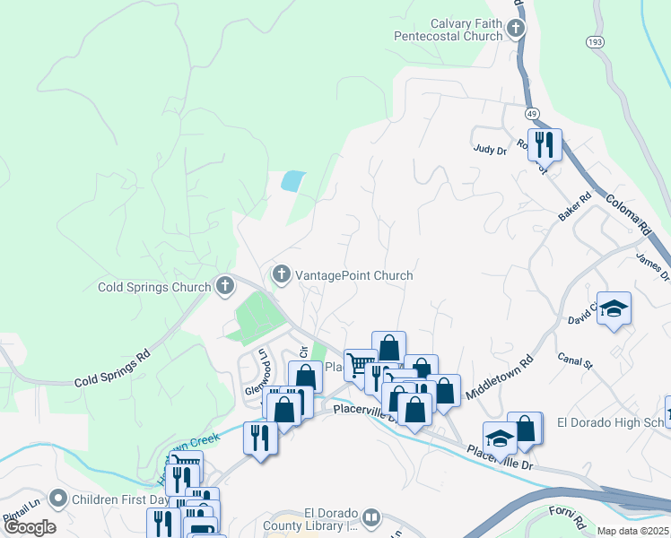 map of restaurants, bars, coffee shops, grocery stores, and more near 2676 Woodridge Court in Placerville