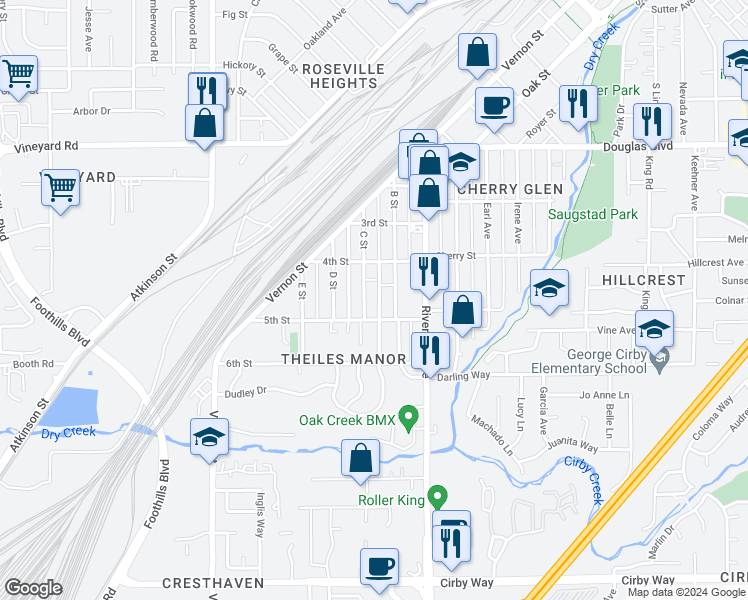 map of restaurants, bars, coffee shops, grocery stores, and more near 319 C Street in Roseville