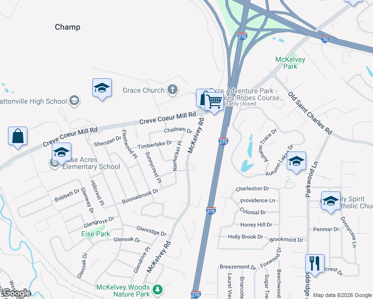 map of restaurants, bars, coffee shops, grocery stores, and more near 12173 Nantucket Place in Maryland Heights