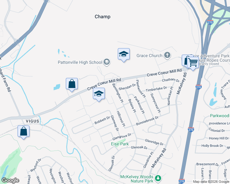map of restaurants, bars, coffee shops, grocery stores, and more near 12237 Bennington Place in Maryland Heights