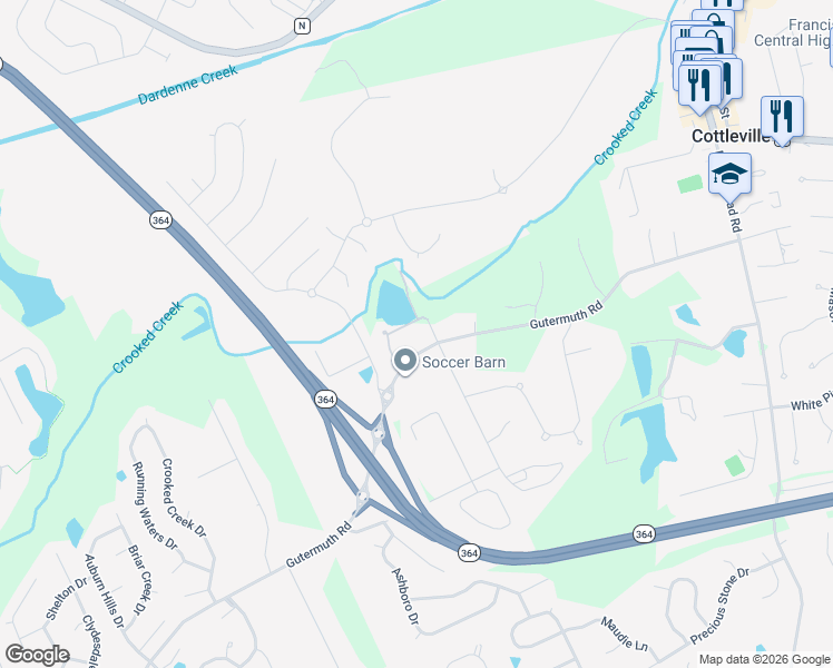 map of restaurants, bars, coffee shops, grocery stores, and more near 5335 Gutermuth Road in Saint Charles