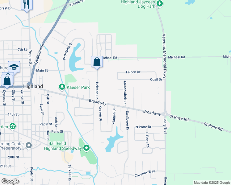 map of restaurants, bars, coffee shops, grocery stores, and more near 5 Meadowlark Court in Highland