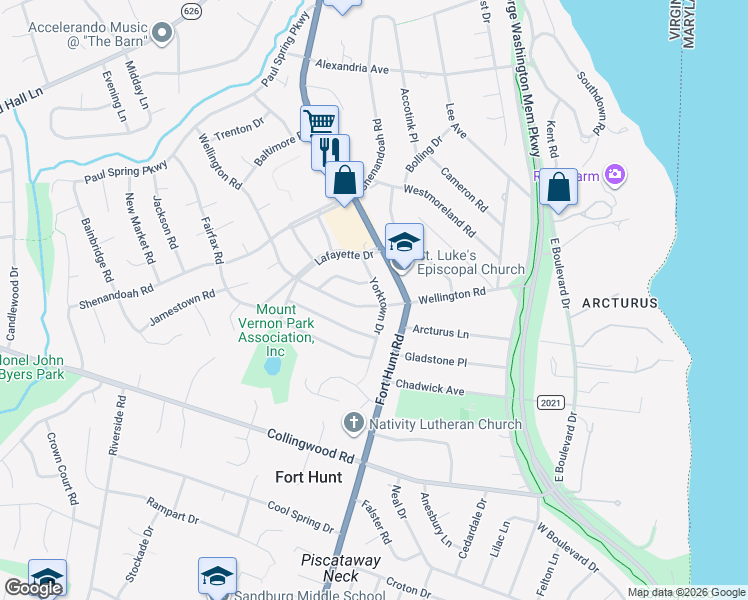 map of restaurants, bars, coffee shops, grocery stores, and more near 8043 Wellington Road in Alexandria
