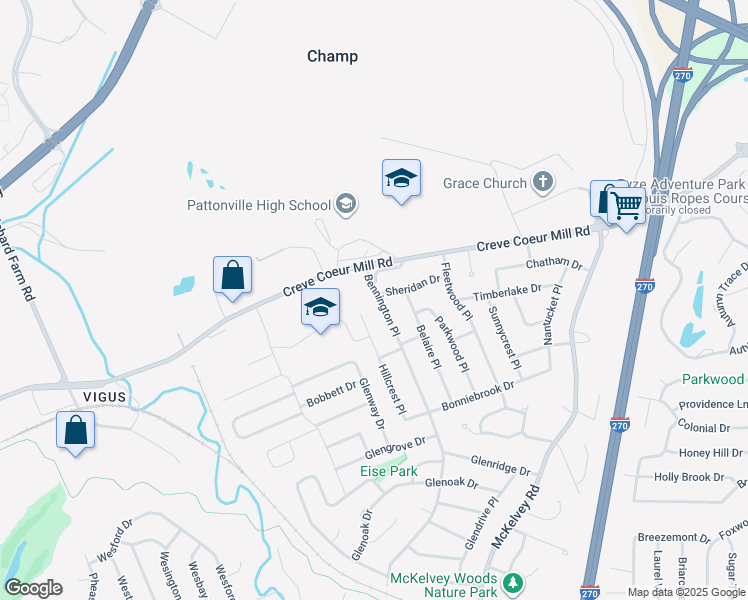 map of restaurants, bars, coffee shops, grocery stores, and more near 12237 Bennington Place in Maryland Heights