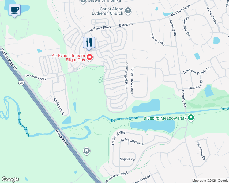 map of restaurants, bars, coffee shops, grocery stores, and more near 538 Copper Meadows Lane in O'Fallon