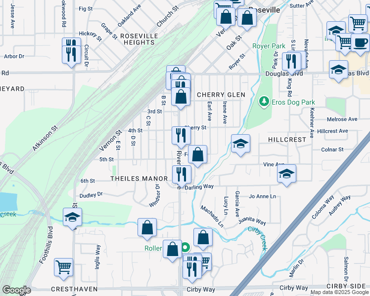 map of restaurants, bars, coffee shops, grocery stores, and more near 425 Riverside Avenue in Roseville