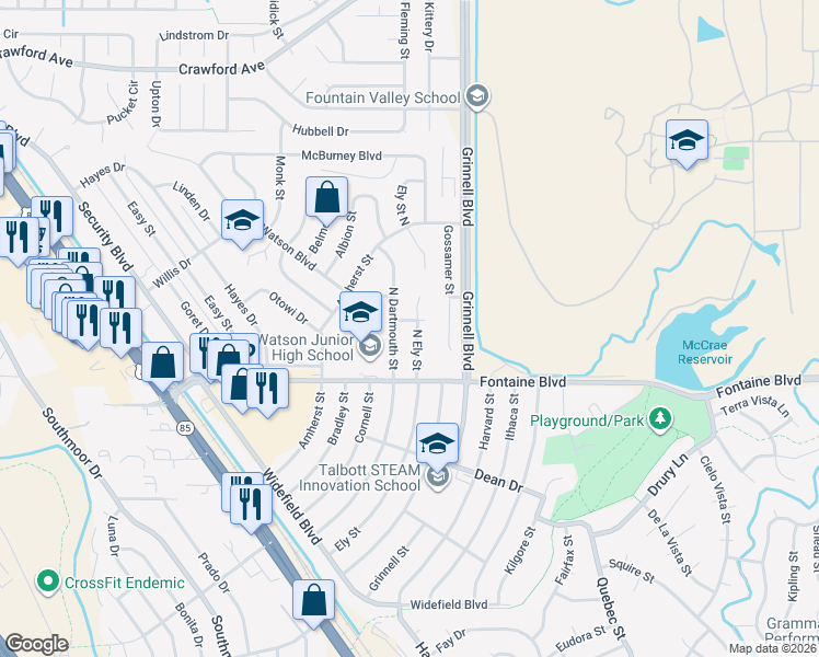 map of restaurants, bars, coffee shops, grocery stores, and more near 16 North Ely Street in Colorado Springs