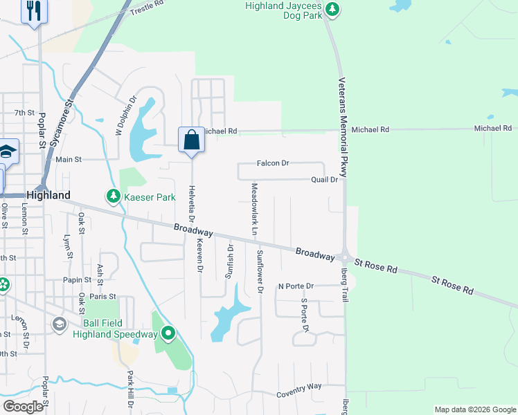 map of restaurants, bars, coffee shops, grocery stores, and more near 55 Meadowlark Lane in Highland