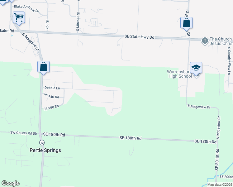 map of restaurants, bars, coffee shops, grocery stores, and more near 159 Southeast 125 Road in Warrensburg